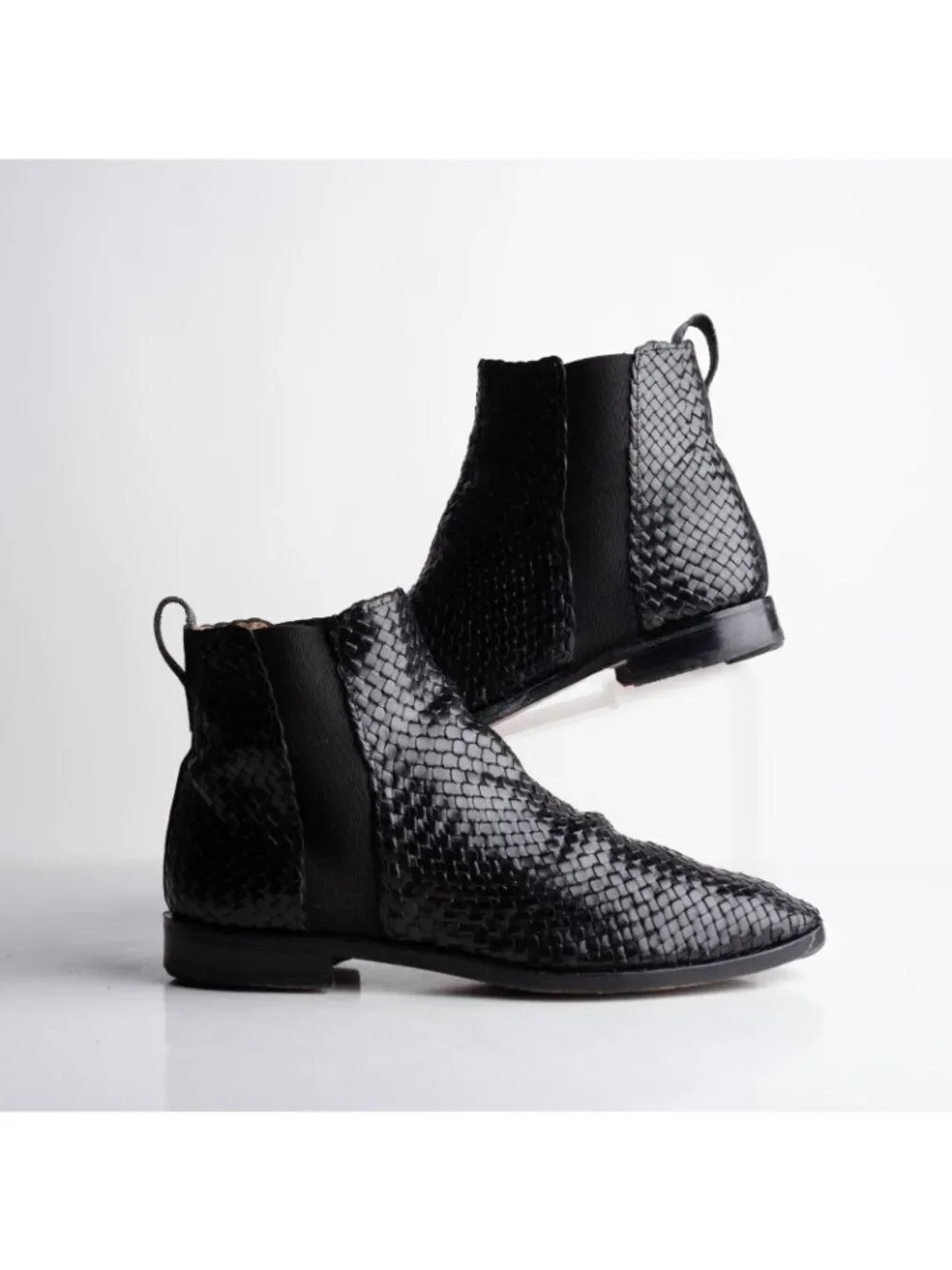 Charles Jourdan Vintage Ankle boots Mens Leather Woven Black Braided US 8 EU 42